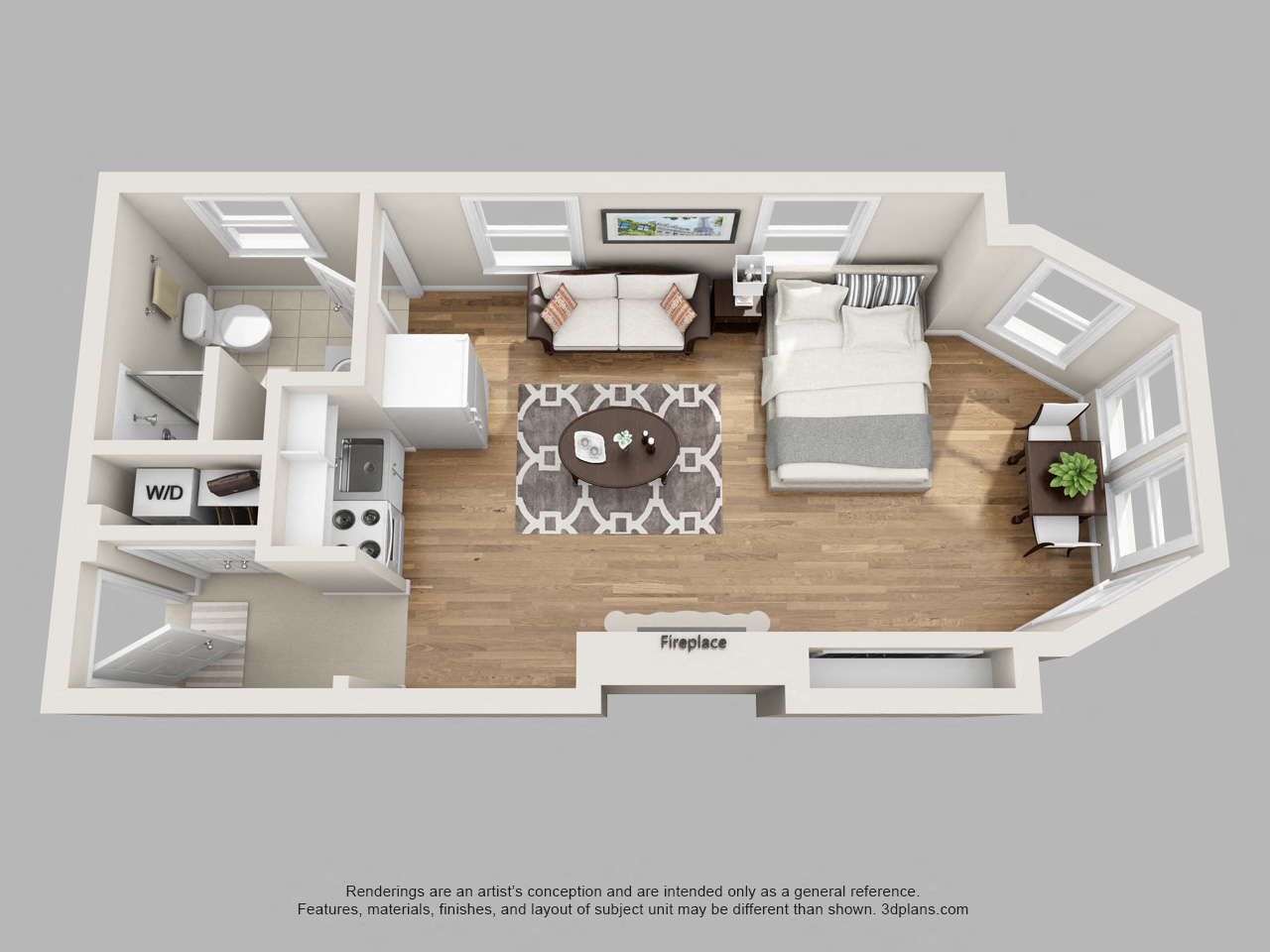Floor plan for studio, 1 bath, 1 sqft